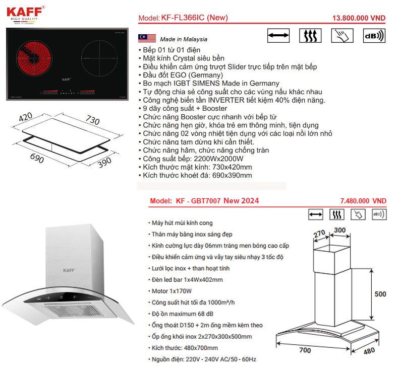 Bếp điện từ KF0FL366IC và hút mùi KF-GBT7007